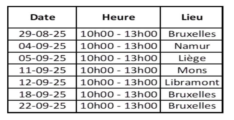 Tableau des dates pour les séances d'infos